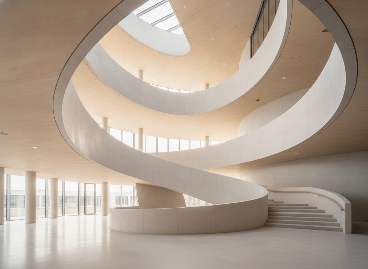 Arquitectura corporativa cálida y minimalista
